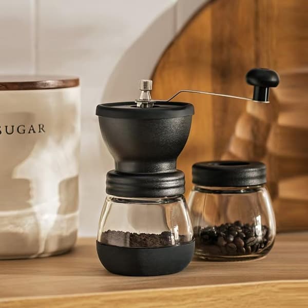 Manuel kaffekværn, håndsvinget kaffemaskine, glashus, sort.