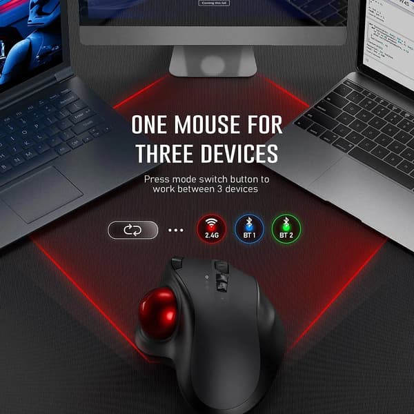 Genopladelig Trackball Trådløs Mus, Bluetooth 2.4G USB, Ergonomisk, PC/Android/Windows, 3 DPI-niveauer