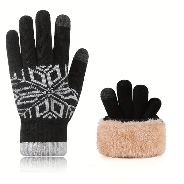 Herre Dobbeltlags Strikhandsker Efterår Vinter Jacquard Touchscreen Fleece - Sort