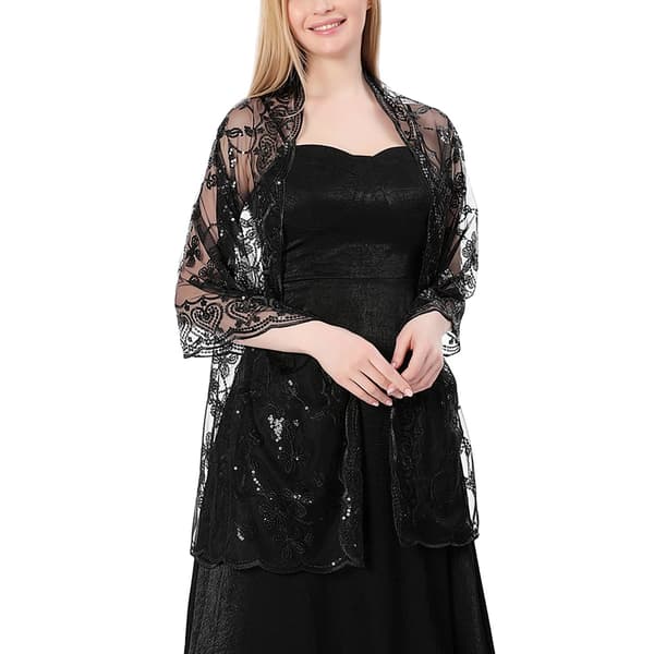 Dame Pailletblomstret Mesh Tyl Formel Aftensjal til Bryllupper (Sort)