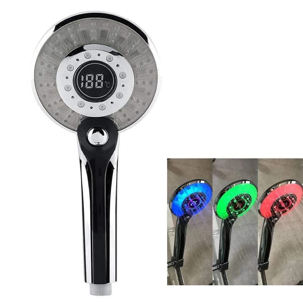 Brusehoved og sprayhoved, håndbruser, LED-brusehoved, regnbruserhoved, spraybrusehoved med LED temp. display, 3 spraytilstande