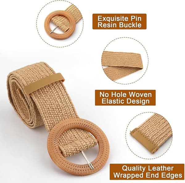 Två elastiska midjeband för kvinnor, halm med vävda träspännen (vit, ljusbeige).