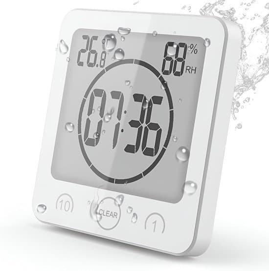 Vattentät badrumsklocka - Digital LCD-väckarklocka - Termometer och hygrometer - Vit