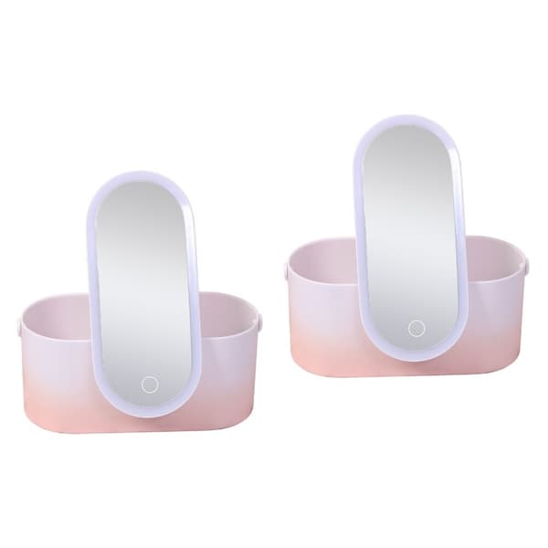 2 lyserøde ABS LED makeup spejl rejse desktop kosmetikholder
