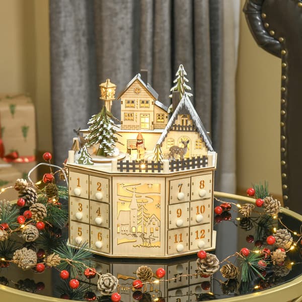 Julkalender i trä, byscen, krans, heminredning