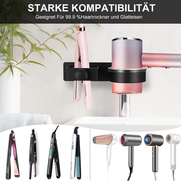 Hårtørrer/glattejernsholder, selvklæbende, ingen boring, sort, til hotelbadeværelser
