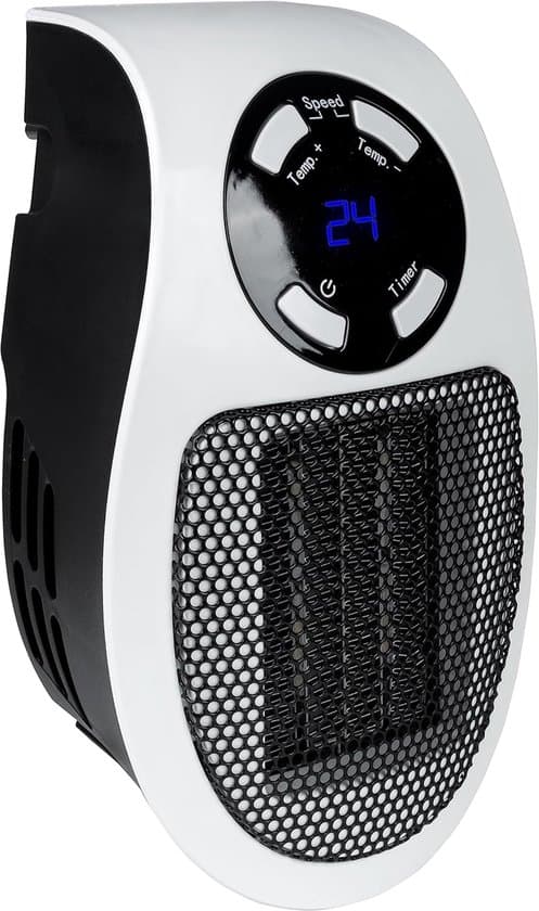 Mini-stikvarmer, PTC keramisk varmeelement, 90° drejelig stikprop, timerfunktion, LED-display, justerbar