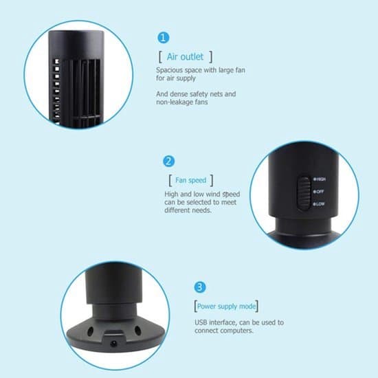 Bærbar luftkøler - Mini køletårnventilator - Stille drift - Sort - Personlig køling - USB skrivebordsluftkøler - Velegnet ...
