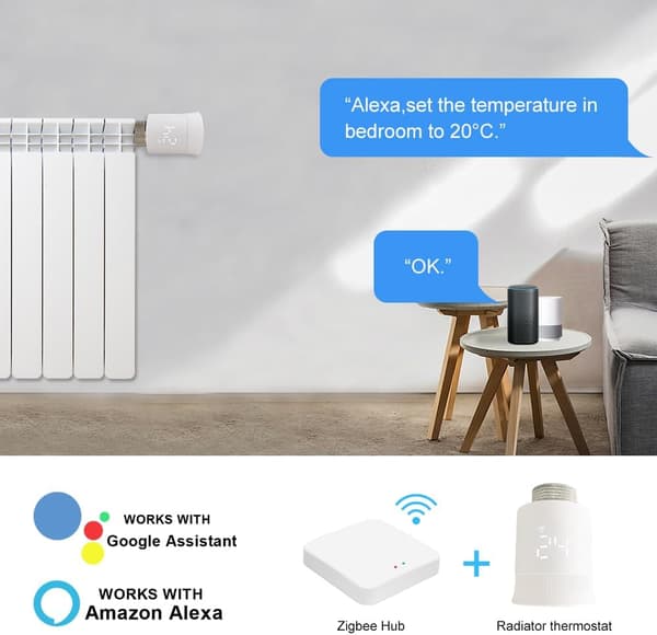 Zigbee smart termostatventil är kompatibel med Alexa/Google Assistant för fjärrkontroll via mobilapp.