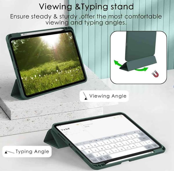 Grønt etui med penneholder, velegnet til iPad.