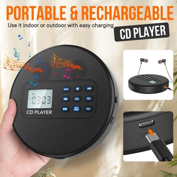 CD-afspiller, LCD-skærm, USB-interface, high-definition lydkvalitet, bærbar, velegnet til forskellige scenarier, sort.
