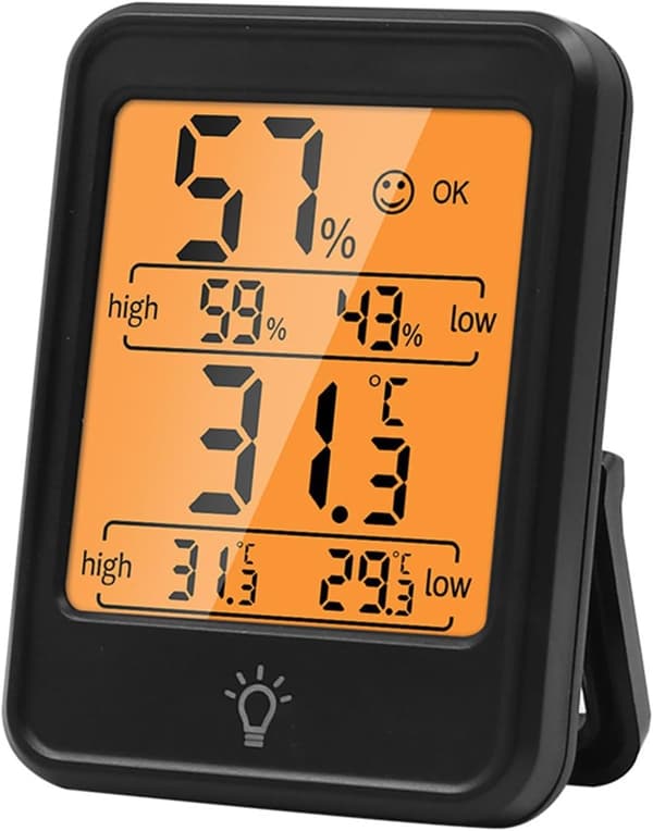 Elektronisk digitalt termometer og indendørs hygrometer, med baggrundsbelysning (sort).