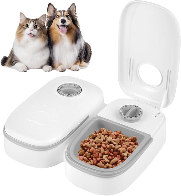 Automatisk foderautomat, 2 portioner (700 ml hver), 48-timers timer, velegnet til katte og små hunde.