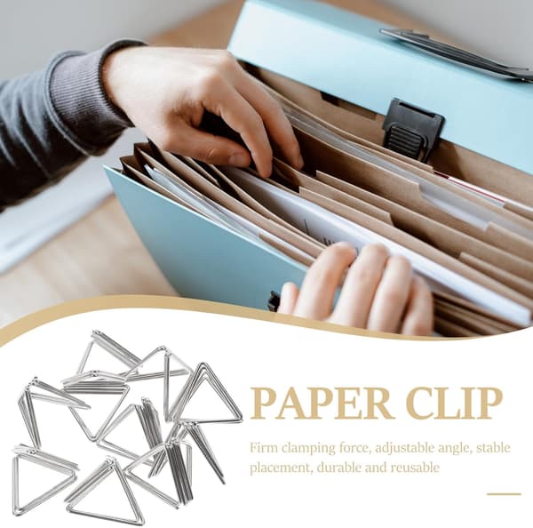 Et sæt med 20 sølvfarvede trekantede sticky note clips/noteholdere i metal