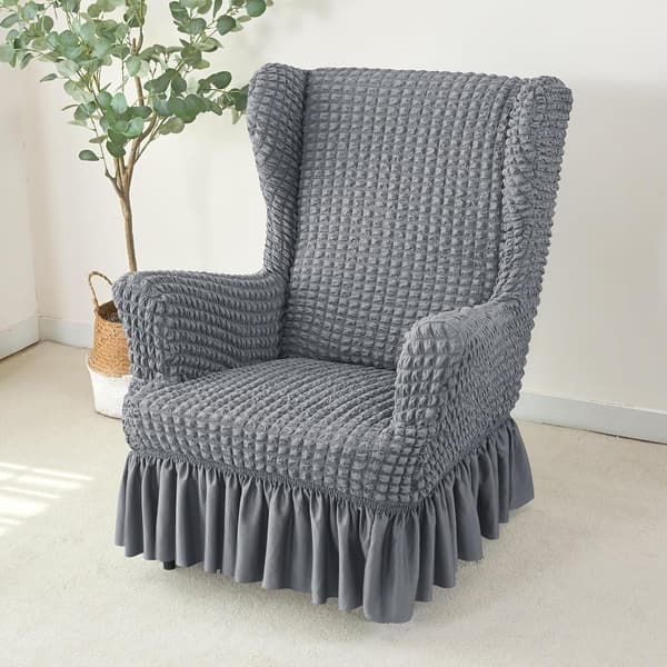 Universal Seersucker Wingback Fåtöljöverdrag med Volangkjolset (Grå)