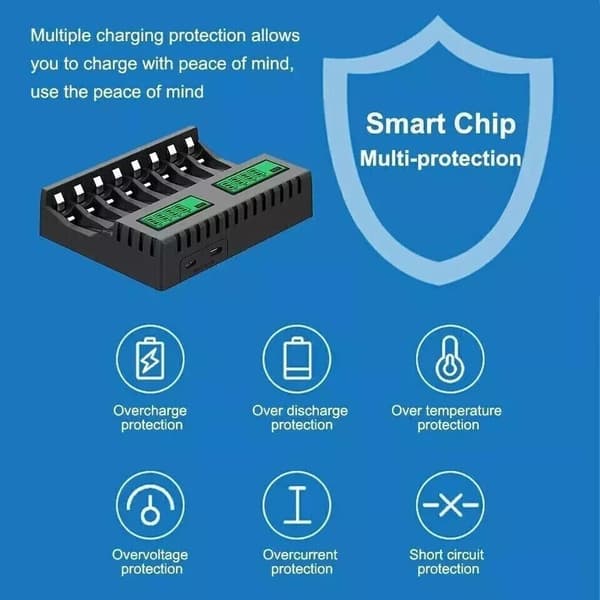 Smart batterioplader med slot, egnet til AA/AAA genopladelige batterier, LCD-display.