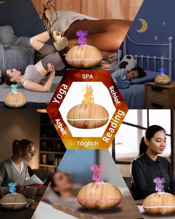 Aromadiffuser med flammeeffektlys, 200 ml diffuser luftfugter, 7-farvet lys aromadiffuser