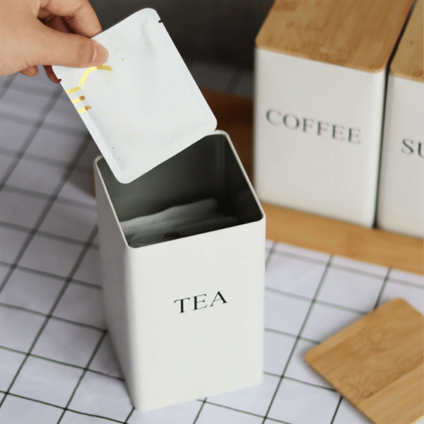 Köksförvaringslåda med lock, metallburk, för förvaring av te, kaffe och socker, B