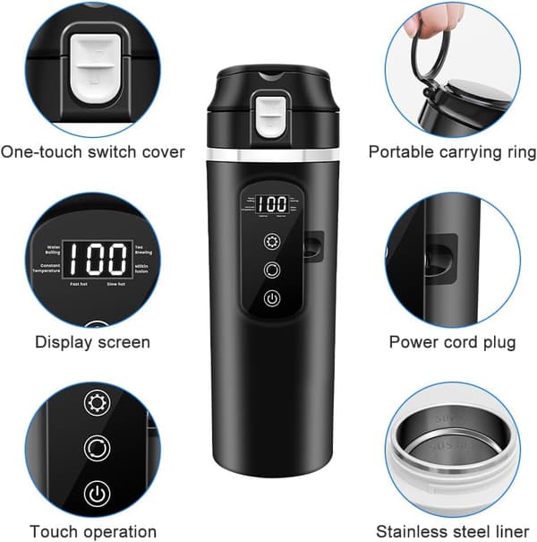 12V/24V 500ml auton matkavesipullo LCD-näytöllä