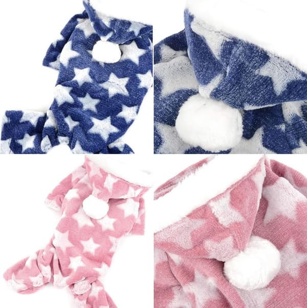 Todelt pyjamas til små hunde, heldragt, hættefleecepyjamas til vinter (blå + pink)