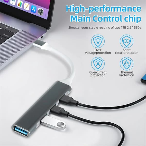 4-portars USB-C-hub och datasplitter i aluminiumlegering (grå)