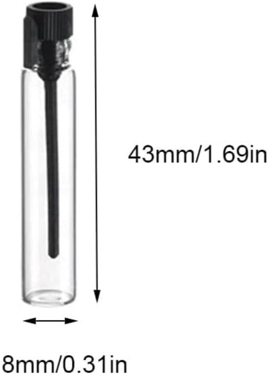 50-pak 9x9x46 mm mini genopfyldelige parfumeprøveflasker af glas med sort hætte