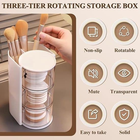 Roterende 3-lags makeup-organizer med børsteholder