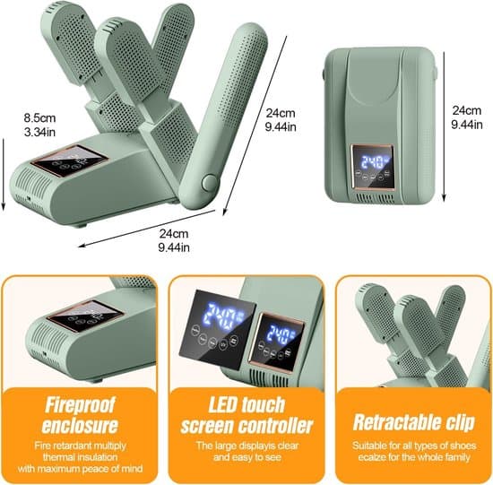 Elektrisk skotørrer, støvletørrer, handsketørrer, 180° justerbart stativ, smart timer, foldbart design til sko, handsker, hatte, sokker (grøn)