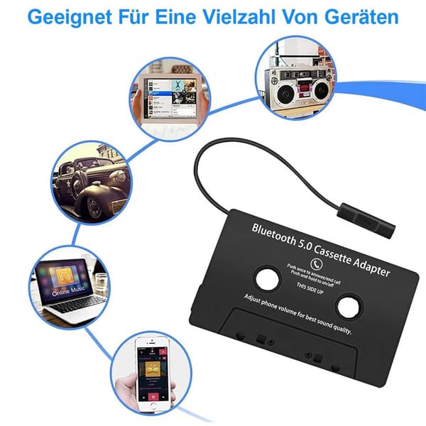 Bluetooth 5.0 kassettadapter för bilradio/stereosystem, stöder trådlös musikuppspelning och handsfree-samtal.