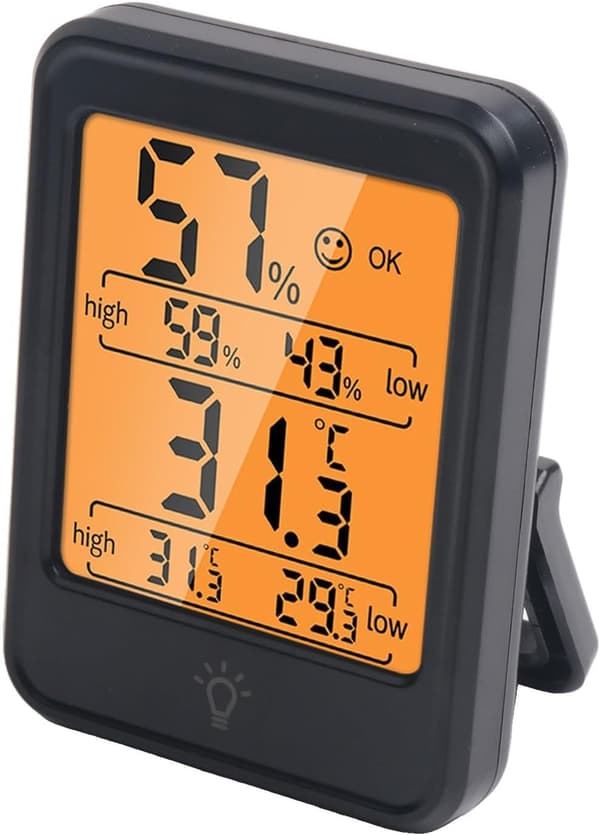 Elektronisk digitalt termometer og indendørs hygrometer, med baggrundsbelysning (sort).