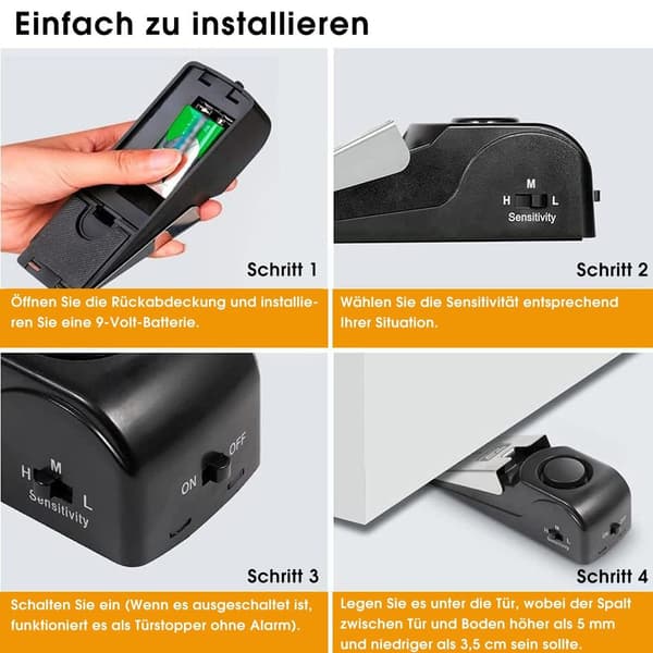 2 installerade smarta dörrstoppslarm, dörrstopp med tryckknapp, stöldlarm, 120 dB, batterier ingår ej