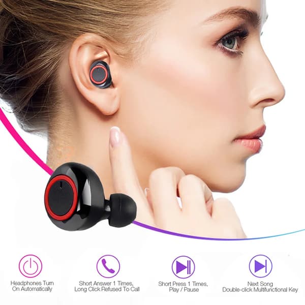 True Wirel. BT Headset BT 5.0 Touch Svart Röd