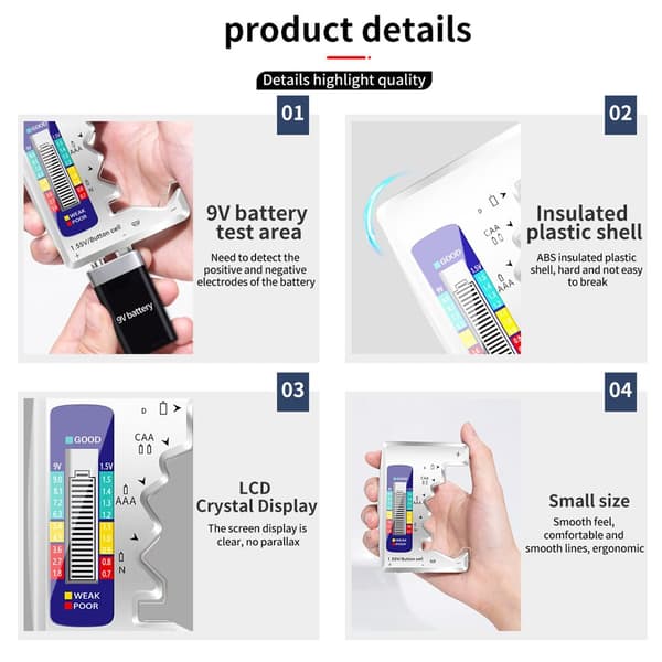 Universal digital batteritester, egnet til alle C, AA, AAA, DN 9V 6F22 1.5V knapcellebatterier.