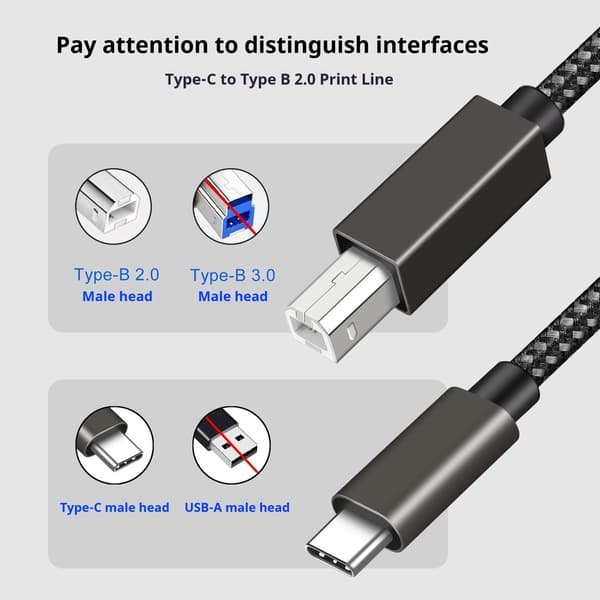 USB-B til USB-C datakabel, 3 meter, kompatibel med HP/Epson/Brother printere, sort.