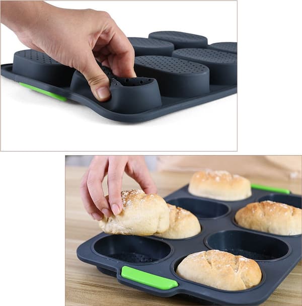 Sæt med to mini baguette bageforme med perforeringer, velegnet til bagning af brød