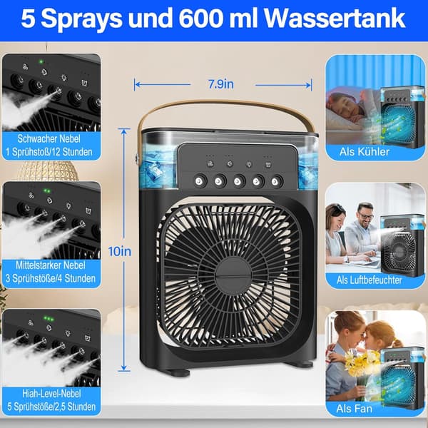 Bærbar 3-trins USB-bordmini-airconditionventilator med 360° oscillation og timer (sort)