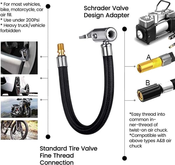 2-pack bilpump - 10 cm pumpventiladapter - lufttrycksförlängningsslang - lämplig för cykel-, bil- och motorcykeldäck