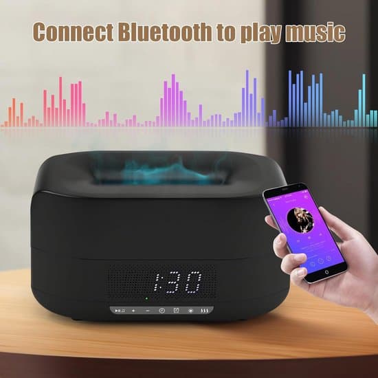 Lämplig för 3D Flame Aroma Diffuser 400ml Bluetooth-högtalare Klocka 7-färgs LED Fjärrkontroll Svart