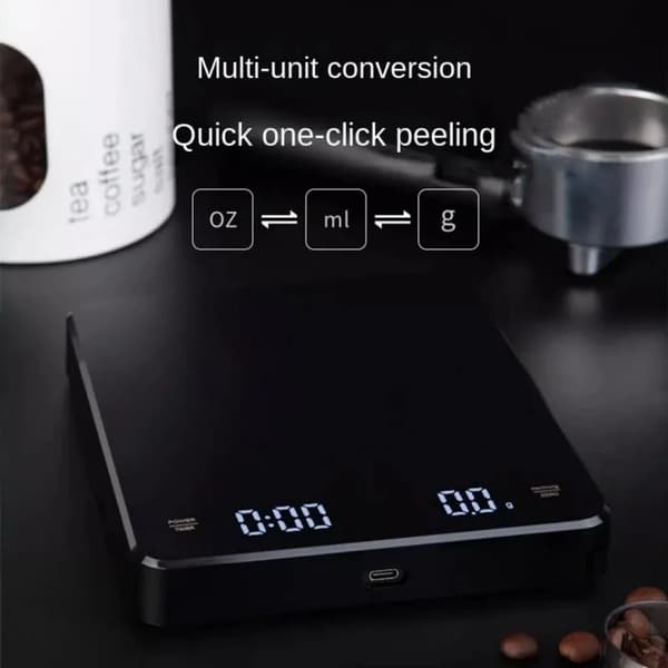 Kaffevåg med timer, USB-laddning, hög noggrannhet 0,1g/3kg