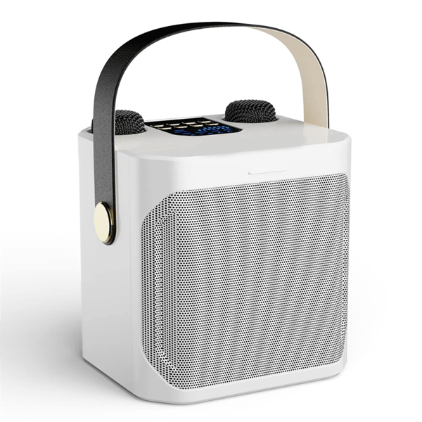 Kraftfull Bluetooth karaoke-högtalare med dubbla mikrofoner, vit.