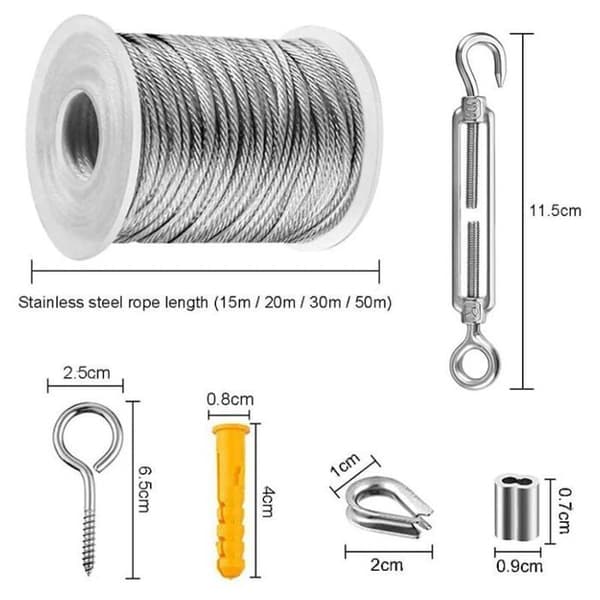 30 meter rustfri stålkabel, udendørs tørresnor, metalhegnssæt