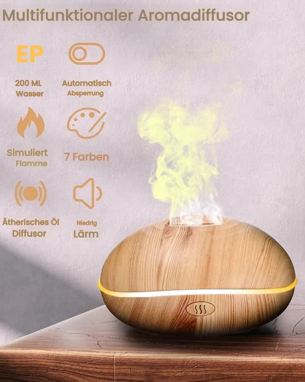 Aromaterapimaskine m/ flammeeffektlys, 200 ml diffuser luftfugter, 7-farvet lys aroma diffuser