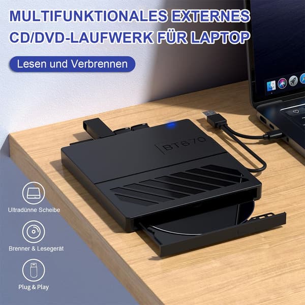 Eksternt CD/DVD-drev, 7-i-1 USB slankt bærbart CD/DVD-afspiller/brænder, slot-loading CD-ROM-brænder/skriver, velegnet til bærbare computere.