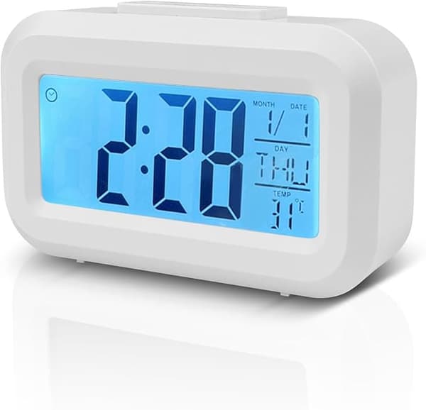 Digital väckarklocka, LED-display, intelligent temperaturväckarklocka, batteri, vit