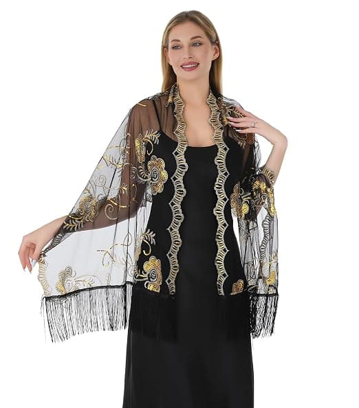 Dame Pailletblomstret Chiffon Aftensjal Tørklæde med Kvast (Sort & Guld)