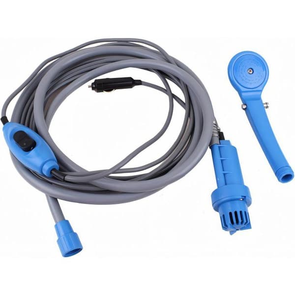 Bärbar campingdusch med vattenpump - bilkontakt.