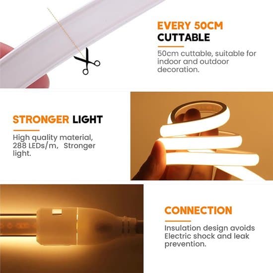 COB LED Strip Lys - Varm Hvid 2700K - 3 meter - 220V - Plug and Play