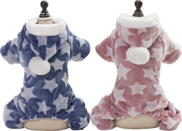Todelt pyjamas til små hunde, heldragt, hættefleecepyjamas til vinter (blå + pink)
