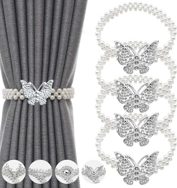 Gardinklämmor - 4-pack - Silverpärlade gardinklämmor - Elastiska gardinband