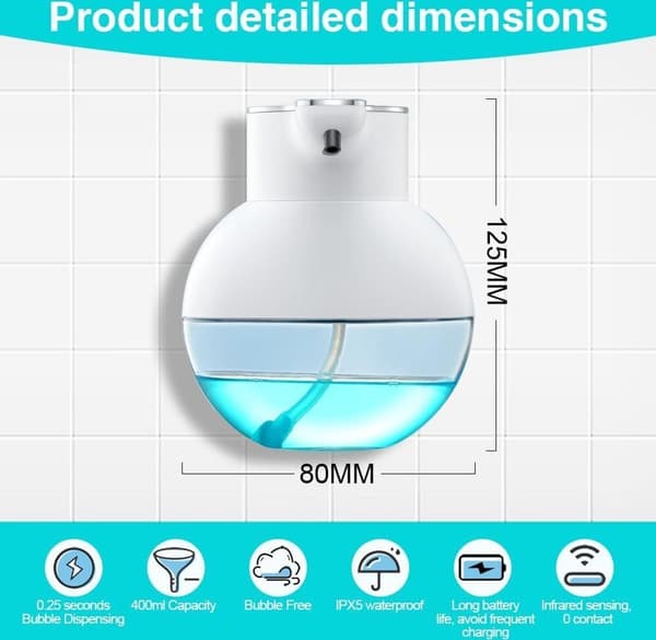 Automatisk sæbedispenser, 400 ml elektrisk vægmonteret sæbedispenser, USB-sensor sæbedispenser, IPX5 WP skumsæbedispenser, hvid